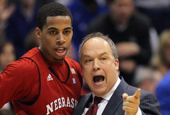 LAWRENCE, KS - JANUARY 15:  Head coach Doc Sadler of the Nebraska Cornhuskers instructs Toney McCray #0 during the game against the Kansas Jayhawks on January 15, 2011 at Allen Fieldhouse in Lawrence, Kansas.  (Photo by Jamie Squire/Getty Images)