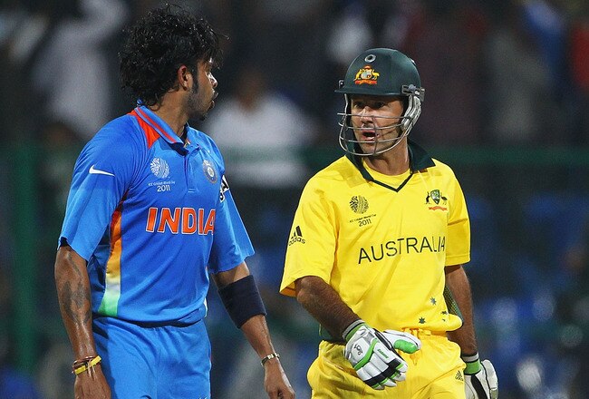 BANGALORE, INDIA - FEBRUARY 13:  Shanthakumaran Sreesanth of India and Ricky Ponting of Australia talk to each other during the 2011 ICC World Cup Warm up game between India and Australia at the M. Chinnaswamy Stadium on February 13, 2011 in Bangalore, India.  (Photo by Matthew Lewis/Getty Images)