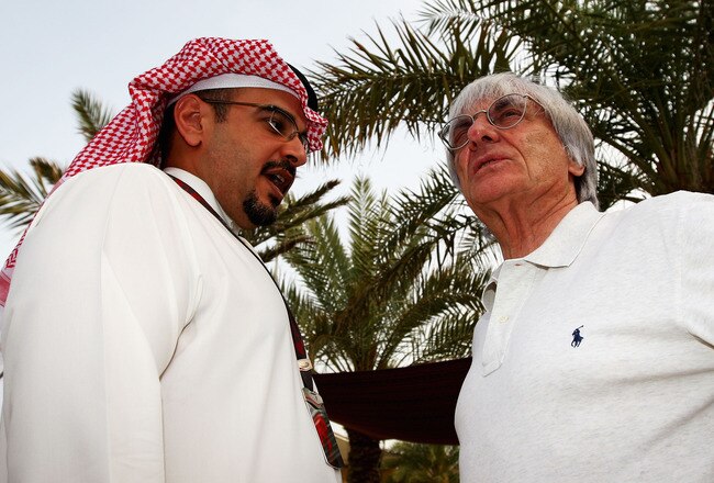 SAKHIR, BAHRAIN - APRIL 23:  F1 supremo Bernie Ecclestone (R) is seen with Shaikh Salman Bin Hamad Al Khalifa, Bahrain's crown prince and chairman of the economic and development board during previews to the Bahrain Formula One Grand Prix at the Bahrain International Circuit on April 23, 2009 in Sakhir, Bahrain.  (Photo by Clive Mason/Getty Images)