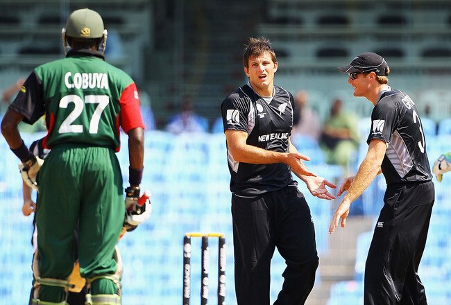CHENNAI, INDIA - FEBRUARY 20:  Hamish Bennett of New Zealand is congratulated after bowling Collins Obuya of Kenya for LBW during the 2011 ICC World Cup Group A match between Kenya and New Zealand at M. A. Chidambaram Stadium on February 20, 2011 in Chennai, India.  (Photo by Matthew Lewis/Getty Images)