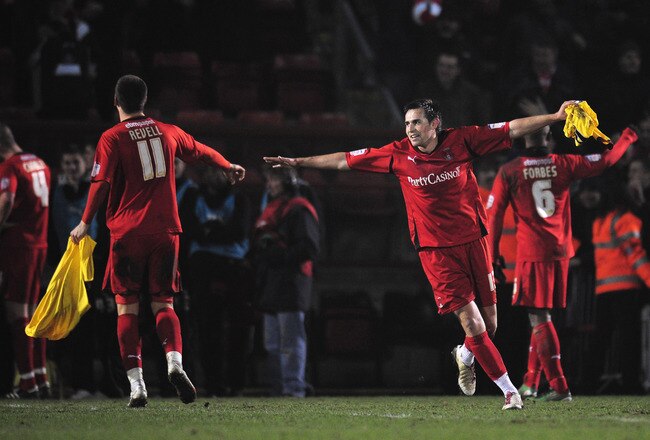 LONDON, ENGLAND - FEBRUARY 20: Charlie Daniels of Leyton Orient celebrates with Alex Revell (L) after the FA Cup sponsored by E.ON 5th Round match between Leyton Orient and Arsenal at the Matchroom Stadium on February 20, 2011 in London, England.  (Photo by Shaun Botterill/Getty Images)