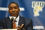 MIAMI - APRIL 15:  Isiah Thomas talks to the media after he was introduced as the new head coach for Florida International Univeristy men's basketball team at U.S.Century Bank Arena on April 15, 2009 in Miami, Florida.  (Photo by Doug Benc/Getty Images)
