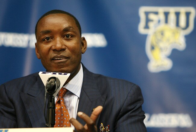 MIAMI - APRIL 15:  Isiah Thomas talks to the media after he was introduced as the new head coach for Florida International Univeristy men's basketball team at U.S.Century Bank Arena on April 15, 2009 in Miami, Florida.  (Photo by Doug Benc/Getty Images)