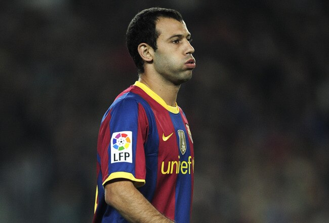 BARCELONA, SPAIN - OCTOBER 16:  Javier Mascherano of Barcelona looks on during the La Liga match between Barcelona and Valencia at the Camp Nou stadium on October 16, 2010 in Barcelona, Spain. Barcelona won the match 2-1.  (Photo by David Ramos/Getty Images)
