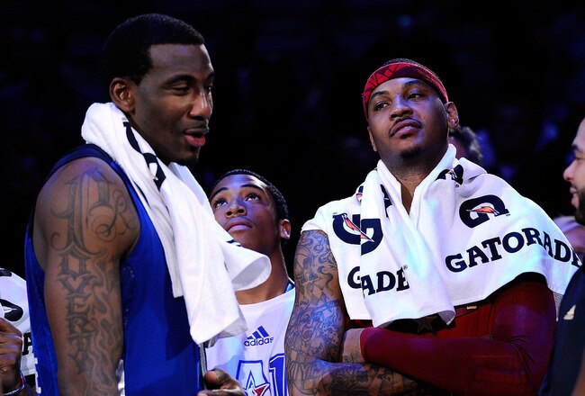 LOS ANGELES, CA - FEBRUARY 20:  Amare Stoudemire #1 of the New York Knicks and the Eastern Conference stands with Carmelo Anthony #15 of the Denver Nuggets and the Western Conference after the Western Conference won 148-143 victory in the 2011 NBA All-Star Game at Staples Center on February 20, 2011 in Los Angeles, California. NOTE TO USER: User expressly acknowledges and agrees that, by downloading and or using this photograph, User is consenting to the terms and conditions of the Getty Images License Agreement.  (Photo by Kevork Djansezian/Getty Images)