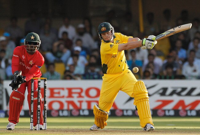 AHMEDABAD, INDIA - FEBRUARY 21:  Steven Smith of Australia hits out during 2011 ICC World Cup Group A match between Australia and Zimbabwe at the Sardar Patel Stadium on February 21, 2011 in Ahmedabad, India.  (Photo by Daniel Berehulak/Getty Images)
