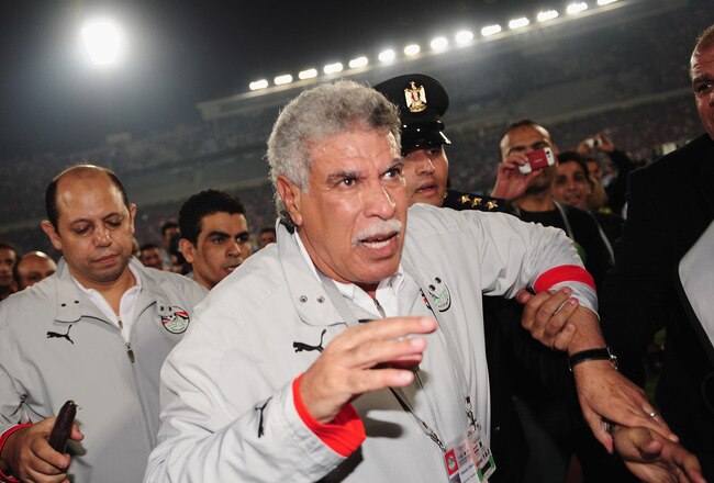 CAIRO, EGYPT - NOVEMBER 14:  Hassan Shehata, the Egypt coach celebrates after the FIFA2010 World Cup qualifying match  between Egypt and Algeria at the Cairo International Stadium on November 14, 2009 in Cairo, Egypt.  (Photo by Clive Mason/Getty Images)