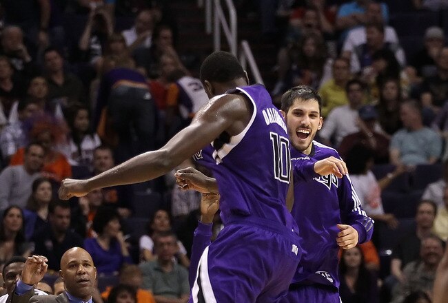 PHOENIX, AZ - FEBRUARY 13:  Samuel Dalembert #10 and Omri Casspi #18 of the Sacramento Kings celebrate after scoring against the Phoenix Suns during the NBA game at US Airways Center on February 13, 2011 in Phoenix, Arizona.  The Kings defeated the Suns 113-108. NOTE TO USER: User expressly acknowledges and agrees that, by downloading and or using this photograph, User is consenting to the terms and conditions of the Getty Images License Agreement.  (Photo by Christian Petersen/Getty Images)