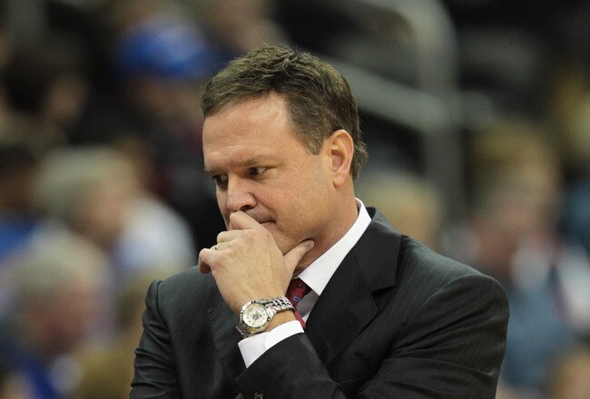 KANSAS CITY, MO - DECEMBER 11:  Head coach Bill Self of the Kansas Jayhawks looks on from the bench during the game against the Colorado State Rams on December 11, 2010 at the Sprint Center in Kansas City, Missouri.  (Photo by Jamie Squire/Getty Images)