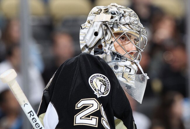 PITTSBURGH, PA - FEBRUARY 21:  Goaltender Marc-Andre Fleury #29 of the Pittsburgh Penguins looks over to a face off during the NHL game against the Washington Capitals at Consol Energy Center on February 21, 2011 in Pittsburgh, Pennsylvania. The Capitals defeated the Penguins 1-0. (Photo by Christian Petersen/Getty Images)