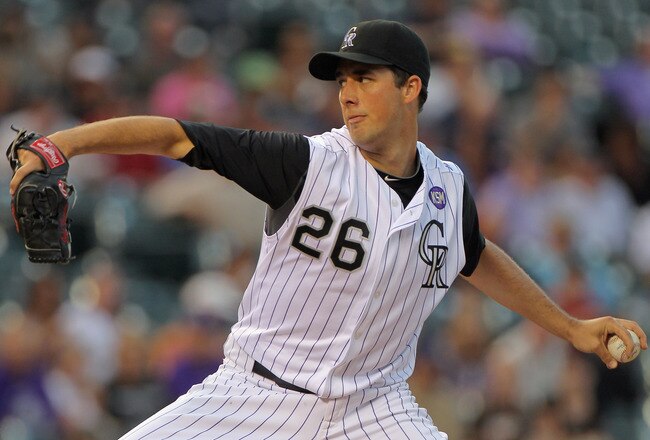 DENVER - SEPTEMBER 13:  Starting pitcher Jeff Francis #26 of the Colorado Rockies delivers against the San Diego Padres at Coors Field on September 13, 2010 in Denver, Colorado.  (Photo by Doug Pensinger/Getty Images)