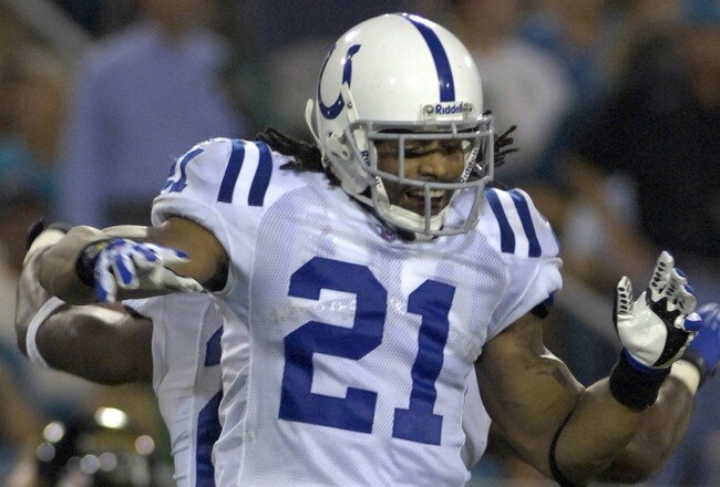 JACKSONVILLE, FL - OCTOBER 22:  Defensive back Bob Sanders #21 of the Indianapolis Colts celebrates an interception against the Jacksonville Jaguars at the Jacksonville Municipal Stadium on October 22, 2007 in Jacksonville, Florida. The Colts defeated the Jags 29-7.  (Photo by Al Messerschmidt/Getty Images)
