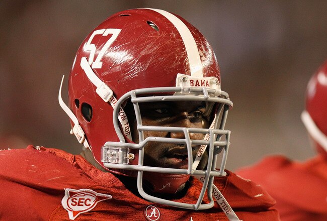 TUSCALOOSA, AL - OCTOBER 16:  Marcell Dareus #57 of the Alabama Crimson Tide against the Ole Miss Rebels at Bryant-Denny Stadium on October 16, 2010 in Tuscaloosa, Alabama.  (Photo by Kevin C. Cox/Getty Images)
