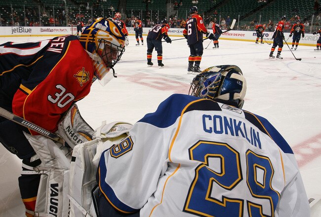 SUNRISE, FL - FEBRUARY 8: Goaltender Scott Clemmensen #30 of the Florida Panthers and goaltender Ty Conklin #29 of the St Louis Blues talk prior to the NHL game on February 8, 2011 at the BankAtlantic Center in Sunrise, Florida. (Photo by Joel Auerbach/Getty Images)