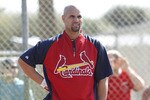 JUPITER, FL - FEBRUARY 17: Albert Pujols #5 of the St. Louis Cardinals waits for his turn to take batting practice at Roger Dean Stadium on February 17, 2011 in Jupiter, Florida. (Photo by Joel Auerbach/Getty Images)