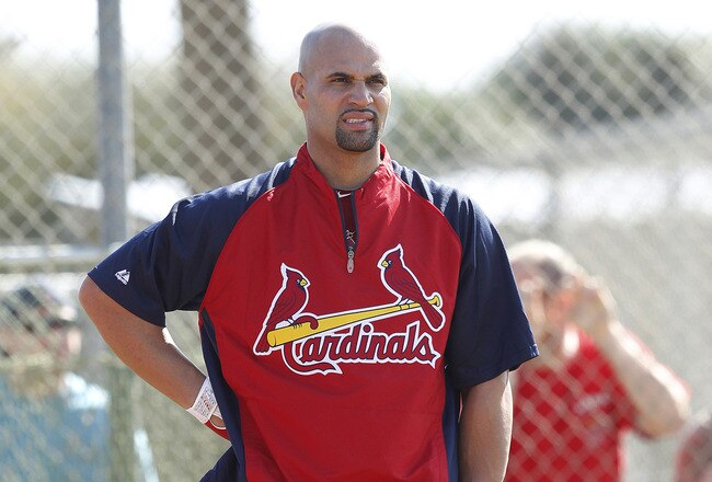 JUPITER, FL - FEBRUARY 17: Albert Pujols #5 of the St. Louis Cardinals waits for his turn to take batting practice at Roger Dean Stadium on February 17, 2011 in Jupiter, Florida. (Photo by Joel Auerbach/Getty Images)