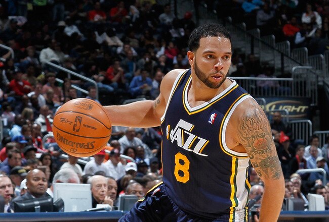 ATLANTA - NOVEMBER 12:  Deron Williams #8 of the Utah Jazz against the Atlanta Hawks at Philips Arena on November 12, 2010 in Atlanta, Georgia.  NOTE TO USER: User expressly acknowledges and agrees that, by downloading and/or using this Photograph, User is consenting to the terms and conditions of the Getty Images License Agreement.  (Photo by Kevin C. Cox/Getty Images)