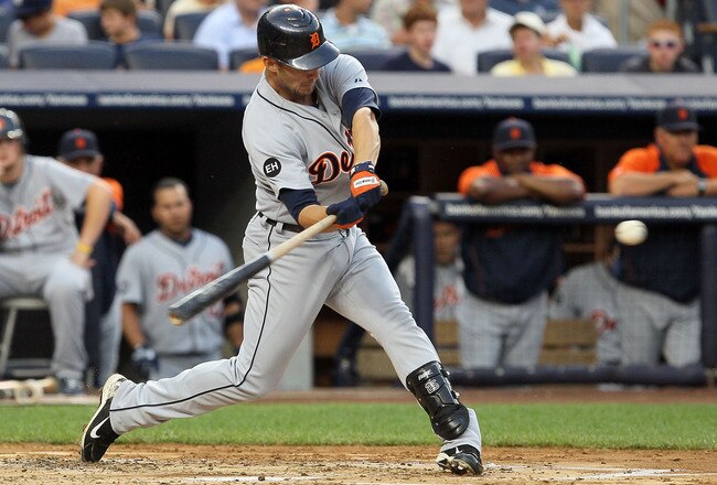 NEW YORK - AUGUST 16:  Ryan Raburn #25 of the Detroit Tigers connects on a second inning two run home run against the New York Yankees on August 16, 2010 at Yankee Stadium in the Bronx borough of New York City.  (Photo by Jim McIsaac/Getty Images)