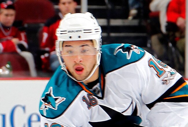 NEWARK, NJ - FEBRUARY 11: Devin Setoguchi #16 of the San Jose Sharks skates during an NHL hockey game against the New Jersey Devils on February 11, 2011 at the Prudential Center in Newark, New Jersey. (Photo by Paul Bereswill/Getty Images)