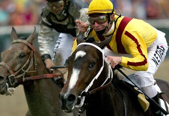 BALTIMORE - MAY 16: Calvin Borel, riding Rachel Alexandra, crosses the finish line ahead of Mine That Bird to win the 134th Preakness Stakes at Pimlico Race Course on May 16, 2009 in Baltimore, Maryland. (Photo by Matthew Stockman/Getty Images)