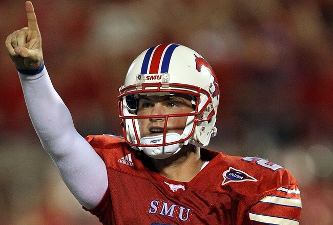DALLAS - SEPTEMBER 24:  Quarterback Kyle Padron #2 of the SMU Mustangs celebrates a touchdown in the third quarter against the TCU Horned Frogs at Gerald J. Ford Stadium on September 24, 2010 in Dallas, Texas.  (Photo by Ronald Martinez/Getty Images)