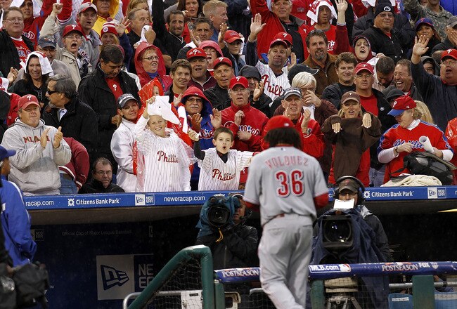 PHILADELPHIA - OCTOBER 06:  Edinson Volquez #36 of the Cincinnati Reds leaves Game 1 of the NLDS against the Philadelphia Phillies at Citizens Bank Park on October 6, 2010 in Philadelphia, Pennsylvania.  (Photo by Jeff Zelevansky/Getty Images)