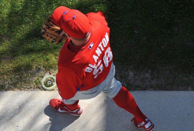 CLEARWATER, FL - FEBRUARY 19:  Pitcher Joe Blanton #56 of the Philadelphia Phillies walks to the field for a spring training workout February 19, 2011 the Carpenter Complex at Bright House Field in Clearwater, Florida. (Photo by Al Messerschmidt/Getty Images)