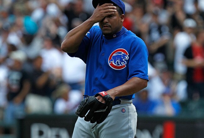 CHICAGO - JUNE 25: Starting pitcher Carlos Zambrano #38 of the Chicago Cubs reacts after giving up a three-run home run in the 1st inning to Carlos Quentin of the Chicago White Sox at U.S. Cellular Field on June 25, 2010 in Chicago, Illinois. (Photo by Jonathan Daniel/Getty Images)