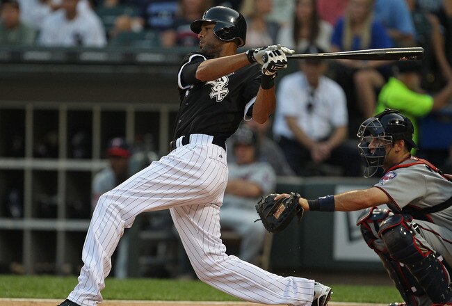 CHICAGO - AUGUST 10: Alex Rios #51 of the Chicago White Sox hits the ball against the Minnesota Twins at U.S. Cellular Field on August 10, 2010 in Chicago, Illinois. The Twins defeated the White Sox 12-6. (Photo by Jonathan Daniel/Getty Images)