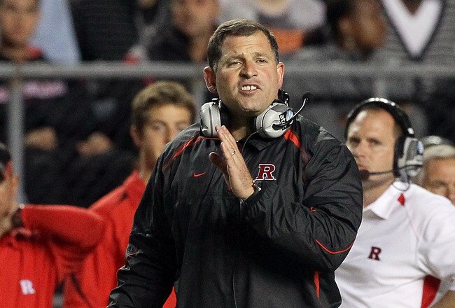 PISCATAWAY, NJ - OCTOBER 08:  Head coach Greg Schiano of the Rutgers Scarlet Knights looks on against the Connecticut Huskies at Rutgers Stadium on October 8, 2010 in Piscataway, New Jersey.  (Photo by Jim McIsaac/Getty Images)