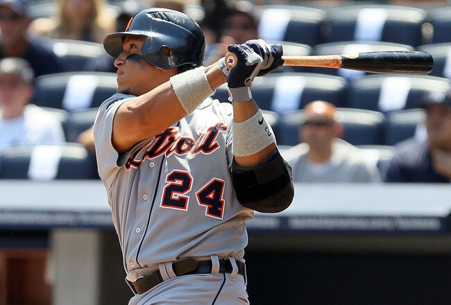 NEW YORK - AUGUST 19:  Miguel Cabrera #24 of the Detroit Tigers follows through on a first inning two run home run against the New York Yankees on August 19, 2010 at Yankee Stadium in the Bronx borough of New York City.  (Photo by Jim McIsaac/Getty Images)