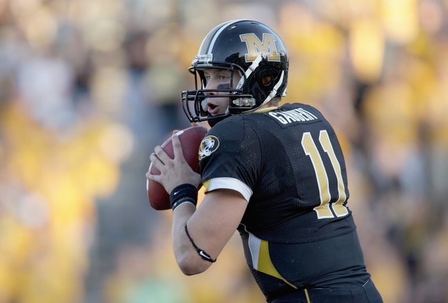 COLUMBIA, MO - NOVEMBER 7:  Quarterback Blaine Gabbert #11 of the Missouri Tigers looks to pass during the game against the Baylor Bears at Faurot Field/Memorial Stadium on November 7, 2009 in Columbia, Missouri. (Photo by Jamie Squire/Getty Images)