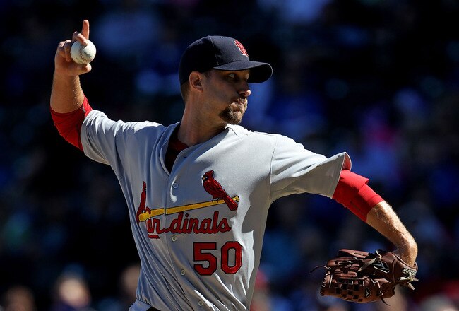 CHICAGO - SEPTEMBER 24: Starting pitcher Adam Wainwright #50 of the St. Louis Cardinals pitches his way to his 20th win of the season against the Chicago Cubs at Wrigley Field on September 24, 2010 in Chicago, Illinois. The Cardinals defeated the Cubs 7-1. (Photo by Jonathan Daniel/Getty Images)