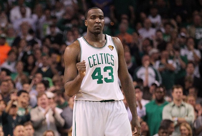 BOSTON - JUNE 13:  (L-R) Paul Pierce #34 and Kendrick Perkins #43 of the Boston Celtics look on against the Los Angeles Lakers during Game Five of the 2010 NBA Finals on June 13, 2010 at TD Garden in Boston, Massachusetts. NOTE TO USER: User expressly acknowledges and agrees that, by downloading and/or using this Photograph, user is consenting to the terms and conditions of the Getty Images License Agreement.  (Photo by Ronald Martinez/Getty Images)