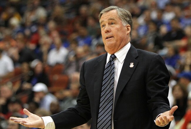JACKSONVILLE, FL - MARCH 19: Mike Montgomery head coach of the California Golden Bears reacts to his players while taking on the Louisville Cardinals during the first round of the 2010 NCAA men's basketball tournament at Jacksonville Veteran's Memorial Arena on March 19, 2010 in Jacksonville, Florida.  (Photo by Doug Benc/Getty Images)