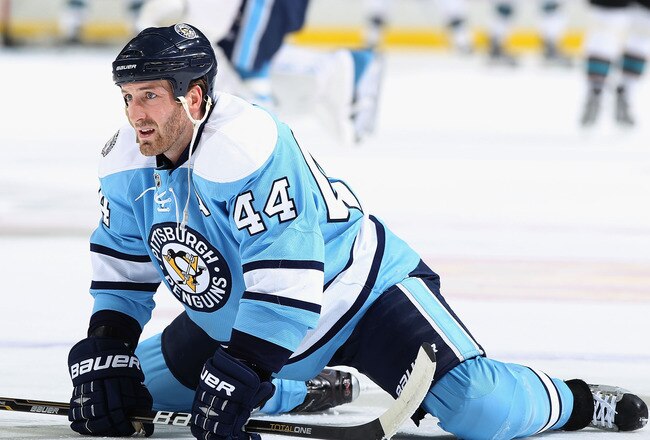 PITTSBURGH, PA - FEBRUARY 23:  Brooks Orpik #44 of the Pittsburgh Penguins warms up before the NHL game against the San Jose Sharks at Consol Energy Center on February 23, 2011 in Pittsburgh, Pennsylvania. The Sharks defeated the Penguins 3-2 in overtime.  (Photo by Christian Petersen/Getty Images)