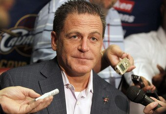 CLEVELAND - OCTOBER 27: Majority owner Dan Gilbert of the Cleveland Cavaliers talks to the media prior to playing the Boston Celtics in the Cavaliers 2010 home opner at Quicken Loans Arena on October 27, 2010 in Cleveland, Ohio. NOTE TO USER: User expressly acknowledges and agrees that, by downloading and/or using this Photograph, user is consenting to the terms and conditions of the Getty Images License Agreement. Mandatory Copyright Notice: Copyright 2010 NBAE (Photo by Gregory Shamus/Getty Images)