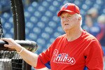CLEARWATER, FL - FEBRUARY 24:  Manager Charlie Manuel #41 of the Philadelphia Phillies watches batting practice before play against the Florida State Seminoles February 24, 2011 at Bright House Field in Clearwater, Florida.  (Photo by Al Messerschmidt/Getty Images)