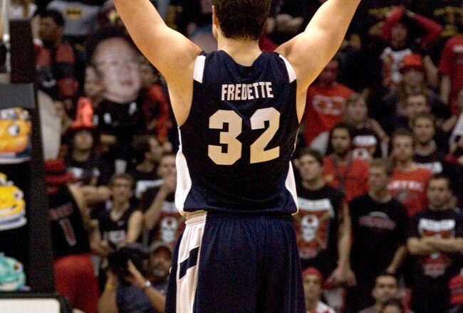 SAN DIEGO, CA - FEBRUARY 26:  Jimmer Fredette #32 of the Brigham Young Cougars celebrates the win against the San Diego State Aztecs during the second half at Cox Arena on February 26, 2011 in San Diego, California. BYU beat SDSU 80-67. (Photo by Kent Horner/Getty Images)