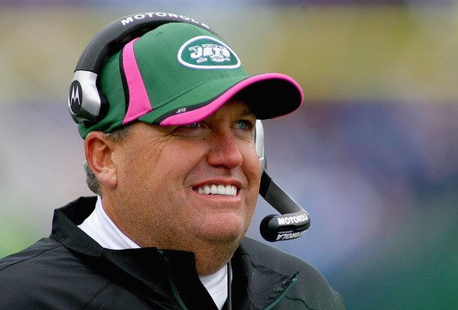 ORCHARD PARK, NY - OCTOBER 03:  Rex Ryan, head coach  of the New York Jets stands on the sidelines against the Buffalo Bills at Ralph Wilson Stadium on October 3, 2010 in Orchard Park, New York. The Jets won 38-14.  (Photo by Rick Stewart/Getty Images)