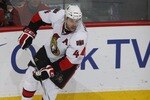 CALGARY, CANADA - FEBRUARY 9: Chris Phillips #4 of the Ottawa Senators skates against the Calgary Flames on February 9, 2011 at Scotiabank Saddledome in Calgary, Alberta, Canada. (Photo by Dale MacMillan/Getty Images)