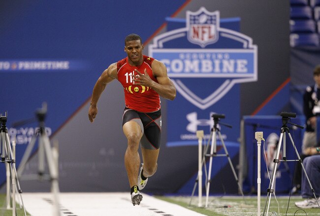 INDIANAPOLIS, IN - FEBRUARY 27: Cam Newton runs the 40-yard dash during the 2011 NFL Scouting Combine at Lucas Oil Stadium on February 27, 2011 in Indianapolis, Indiana. (Photo by Joe Robbins/Getty Images)