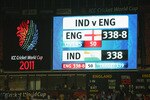 BANGALORE, INDIA - FEBRUARY 27:  The scoreboard at the end of the match shows the scores tied during the 2011 ICC World Cup Group B match between India and England at M. Chinnaswamy Stadium on February 27, 2011 in Bangalore, India.  (Photo by Tom Shaw/Getty Images)