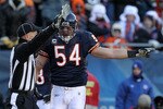 CHICAGO, IL - JANUARY 23:  Brian Urlacher #54 of the Chicago Bears reacts to a penalty called while taking on the Green Bay Packers in the NFC Championship Game at Soldier Field on January 23, 2011 in Chicago, Illinois.  (Photo by Jamie Squire/Getty Images)