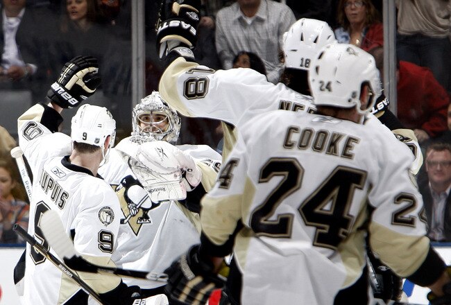 TORONTO, CANADA - FEBRUARY 26: The Pittsburgh Penguins celebrate Shootout win against the Toronto Maple Leafs during game action at the Air Canada Centre February 26, 2011 in Toronto, Ontario, Canada. (Photo by Abelimages/Getty Images)