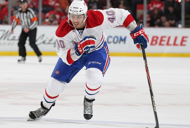 DETROIT,MI - DECEMBER 10:  Maxim Lapierre #40 of the Montreal Canadiens skates during the game against the Detroit Red Wings at the Joe Louis Arena on December 10, 2010  in Detroit, Michigan. The Wings defeated the Canadiens 4-2. (Photo by Claus Andersen/Getty Images)