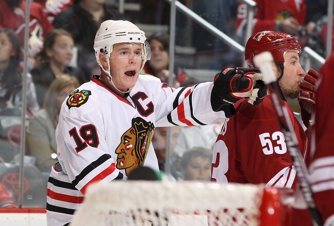 GLENDALE, AZ - FEBRUARY 12:  Jonathan Toews #19 of the Chicago Blackhawks argues a call during the NHL game against the Phoenix Coyotes at Jobing.com Arena on February 12, 2011 in Glendale, Arizona. The Coyotes defeated the Blackhawks 3-2 in an overtime shootout.  (Photo by Christian Petersen/Getty Images)