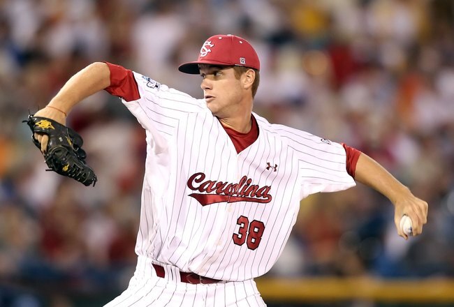 OMAHA, NE - JUNE 29:  Relief pitcher Tyler Webb #38 of the South Carolina Gamecocks pitches against the UCLA Bruins during game 2 of the men's 2010 NCAA College Baseball World Series at Rosenblatt Stadium on June 29, 2010 in Omaha, Nebraska. The Gamecocks defeated the Bruins 2-1 in eleven innings to win the National Championship.  (Photo by Christian Petersen/Getty Images)