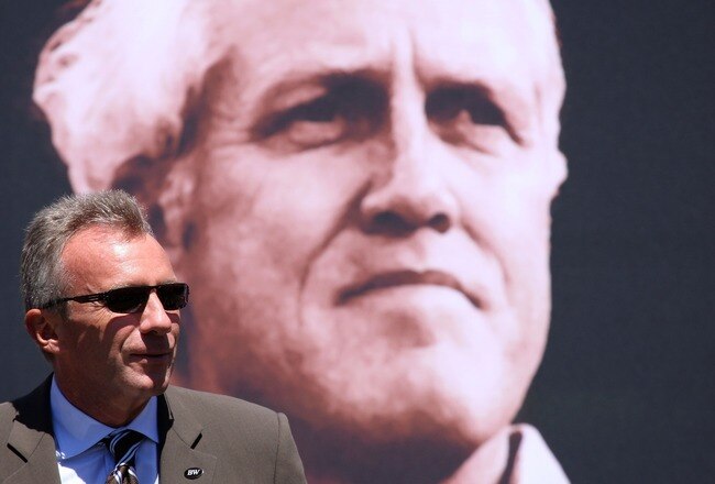 SAN FRANCISCO - AUGUST 10:  Former San Francisco 49ers quarterback Joe Montana speaks during a public memorial service for former 49ers coach Bill Walsh August 10, 2007 at Monster Park in San Francisco, California. NFL Hall of Famer Bill Walsh, who was known by many as 'The Genius' for leading the San Francisco 49ers to three Super Bowl championships, died last week at the age of 75 after a long battle with leukemia.  (Photo by Justin Sullivan/Getty Images)