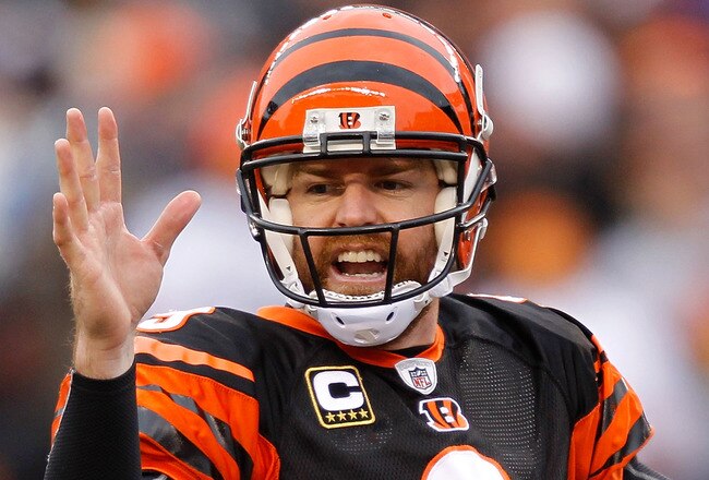 CINCINNATI, OH - DECEMBER 19:  Quarterback Carson Palmer #9 of the Cincinnati Bengals calls a play at the line of scrimage while playing the Cleveland Browns at Paul Brown Stadium on December 19, 2010 in Cincinnati, Ohio.  (Photo by Matthew Stockman/Getty Images)